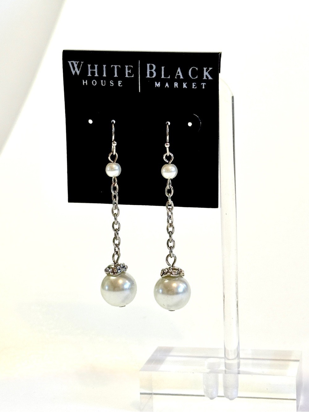 White House Black Market Pearl Drop Earrings Silver Tone - Picture 2 of 6